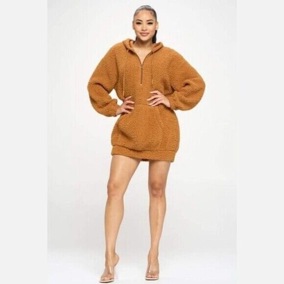 WOMENS Oversized Hoodies Sherpa Sweatshirt Fuzzy Fleece Pullover, Rust - Picture 1 of 9